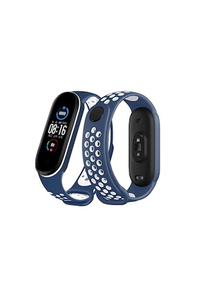 Mey İthalat®   Mi Band 6 Spor Delikli Kordon - Lacivert-Beyaz