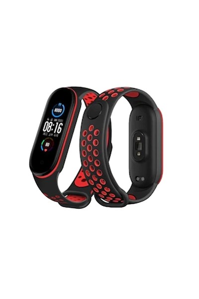Mey İthalat®   Mi Band 6 Spor Delikli Kordon - Siyah-Kırmızı
