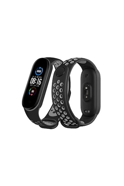 Mey İthalat®   Mi Band 6 Spor Delikli Kordon - Siyah-Gri