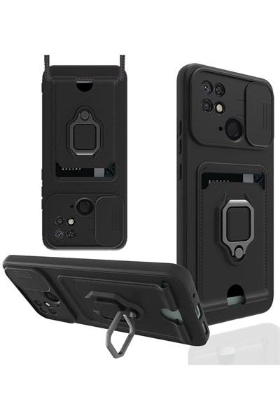 Mey İthalat®   Redmi 10C Kılıf Zuma Kartvizitli Yüzüklü Silikon - Siyah