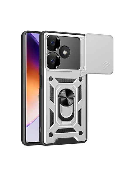 Mey İthalat®   Redmi 13 4G Kılıf Pars Lens Yüzüklü Silikon - Gümüş