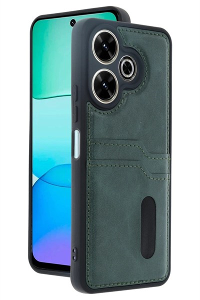 Mey İthalat®   Redmi 13 4G Kılıf Sara Kartvizitli Deri Kılıf - Koyu Yeşil