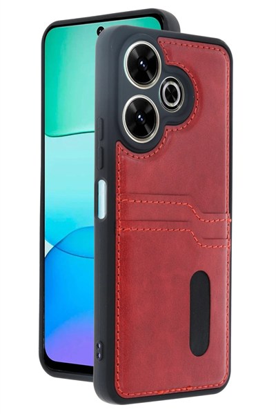 Mey İthalat®   Redmi 13 4G Kılıf Sara Kartvizitli Deri Kılıf - Kırmızı