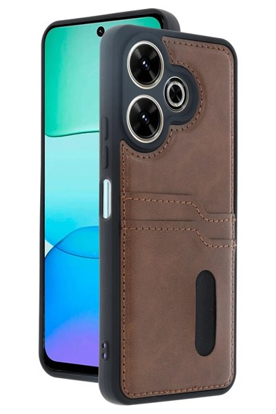 Mey İthalat®   Redmi 13 4G Kılıf Sara Kartvizitli Deri Kılıf - Taba