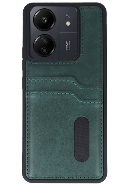 Mey İthalat®   Redmi 13C Kılıf Sara Kartvizitli Deri Kılıf - Koyu Yeşil