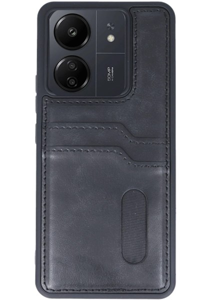 Mey İthalat®   Redmi 13C Kılıf Sara Kartvizitli Deri Kılıf - Siyah