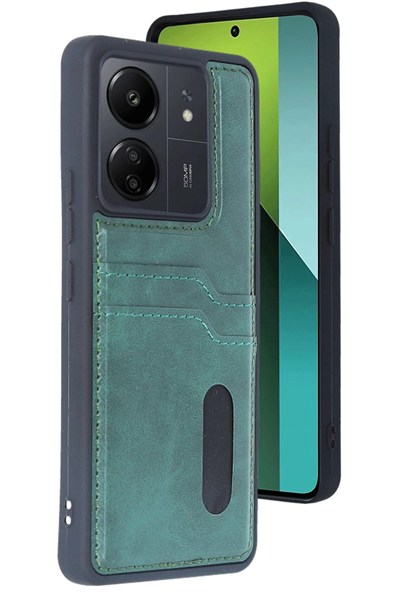 Mey İthalat®   Redmi 13C Kılıf Sara Kartvizitli Deri Kılıf - Koyu Yeşil