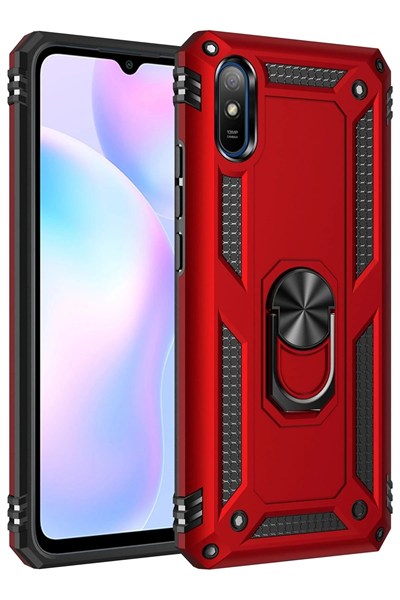 Mey İthalat®   Redmi 9A Kılıf Sofya Yüzüklü Silikon Kapak - Kırmızı