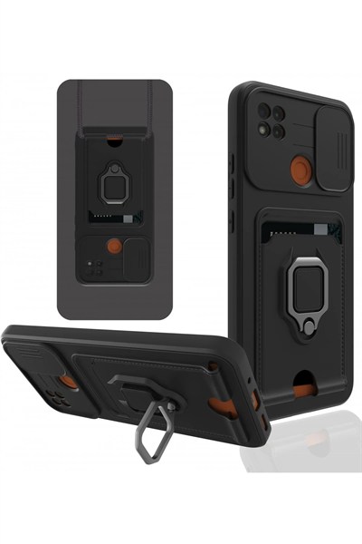 Mey İthalat®   Redmi 9C Kılıf Zuma Kartvizitli Yüzüklü Silikon - Siyah