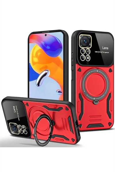 Mey İthalat®   Redmi Note 11 Pro Kılıf Joy Lens Standlı Kapak - Kırmızı