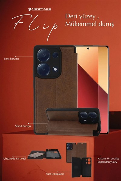 Mey İthalat®   Redmi Note 13 4G Kılıf Flip Cover - Taba