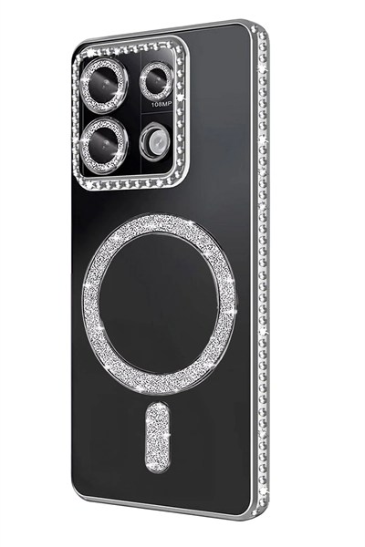 Mey İthalat®   Redmi Note 13 Pro 4G Joke Simli Magneticsafe Kılıf - Gümüş