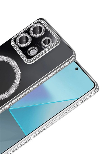 Mey İthalat®   Redmi Note 13 Pro 4G Joke Simli Magneticsafe Kılıf - Gümüş
