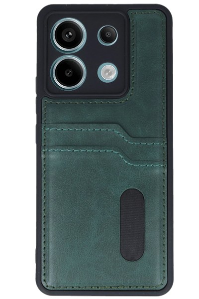 Mey İthalat®   Redmi Note 13 Pro 5G Kılıf Sara Kartvizitli Deri Kılıf - Koyu Yeşil
