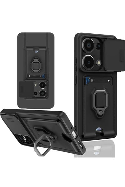 Mey İthalat®   Redmi Note 13 Pro 5G Kılıf Zuma Kartvizitli Yüzüklü Silikon - Siyah