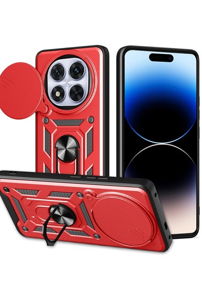 Mey İthalat®   Redmi Note 14 Pro Plus Kılıf Pars Lens Yüzüklü Silikon - Kırmızı