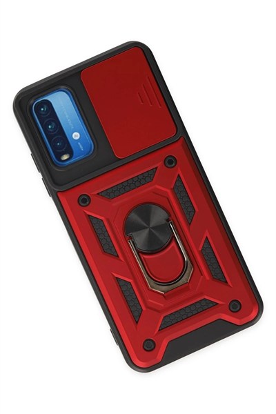 Mey İthalat®   Redmi Note 9 4G Kılıf Pars Lens Yüzüklü Silikon - Kırmızı