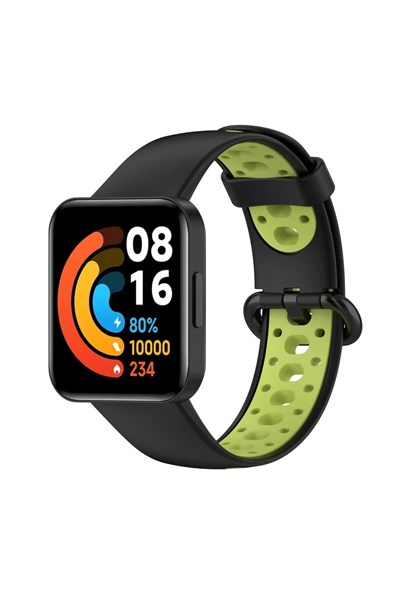 Mey İthalat®   Redmi Watch 2 Spor Delikli Kordon - Siyah-Yeşil