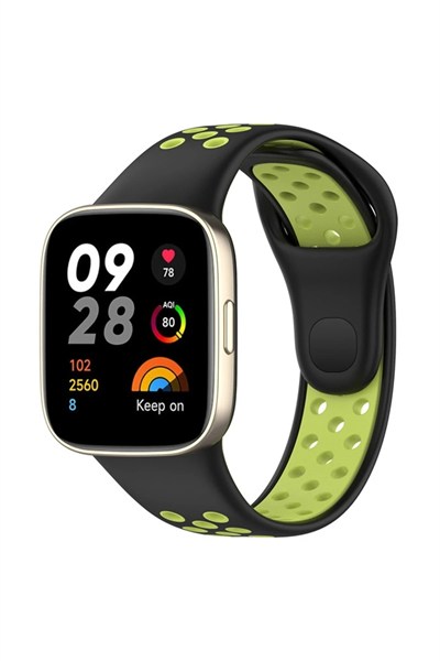 Mey İthalat®   Redmi Watch 3 Spor Delikli Kordon - Siyah-Yeşil