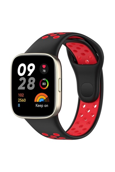 Mey İthalat®   Redmi Watch 3 Spor Delikli Kordon - Siyah-Kırmızı