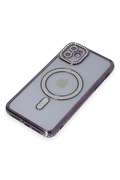 Mey İthalat®   iPhone 11 Kılıf Joke Simli Magneticsafe Kılıf - Derin Mor