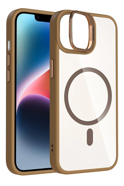 Mey İthalat®   iPhone 11 Remim Lensli Magsafe Standlı Kapak - Kahverengi