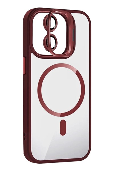 Mey İthalat®   iPhone 11 Remim Lensli Magsafe Standlı Kapak - Bordo