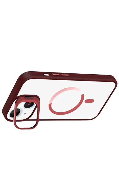 Mey İthalat®   iPhone 13 Remim Lensli Magsafe Standlı Kapak - Bordo
