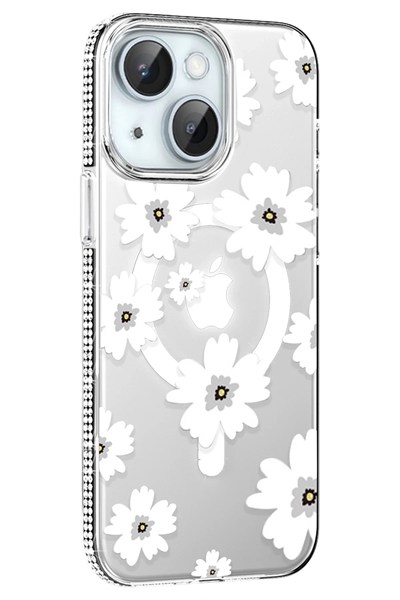 Mey İthalat®   iPhone 14 Floral Magsafe Kapak - Beyaz