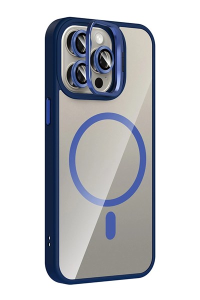 Mey İthalat®   iPhone 14 Pro Max Remim Lensli Magsafe Standlı Kapak - Lacivert