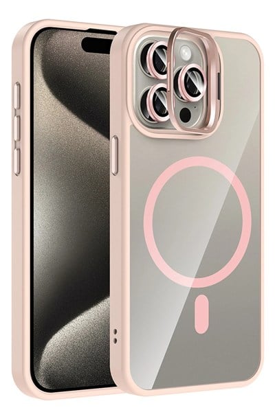 Mey İthalat®   iPhone 14 Pro Max Remim Lensli Magsafe Standlı Kapak - Pembe