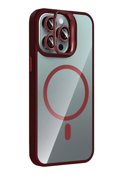 Mey İthalat®   iPhone 14 Pro Max Remim Lensli Magsafe Standlı Kapak - Bordo