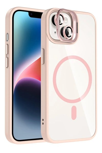 Mey İthalat®   iPhone 14 Remim Lensli Magsafe Standlı Kapak - Pembe