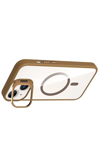 Mey İthalat®   iPhone 14 Remim Lensli Magsafe Standlı Kapak - Kahverengi
