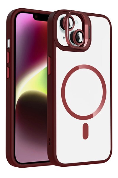 Mey İthalat®   iPhone 14 Remim Lensli Magsafe Standlı Kapak - Bordo
