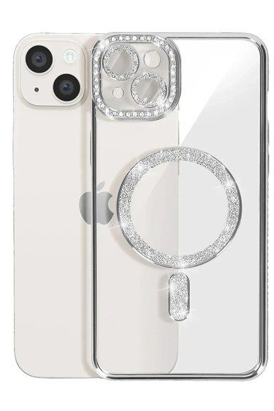 Mey İthalat®   iPhone 15 Kılıf Joke Simli Magneticsafe Kılıf - Gümüş