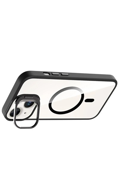 Mey İthalat®   iPhone 15 Plus Remim Lensli Magsafe Standlı Kapak - Siyah