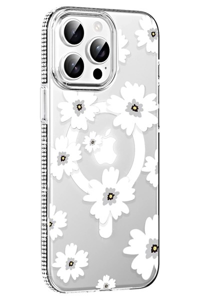 Mey İthalat®   iPhone 15 Pro Max Floral Magsafe Kapak - Beyaz
