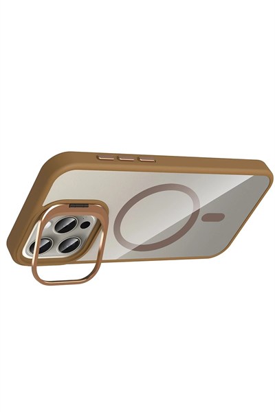 Mey İthalat®   iPhone 15 Pro Max Remim Lensli Magsafe Standlı Kapak - Kahverengi
