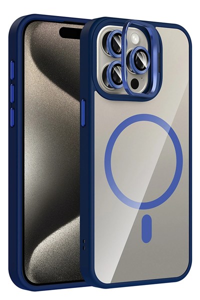 Mey İthalat®   iPhone 15 Pro Max Remim Lensli Magsafe Standlı Kapak - Lacivert