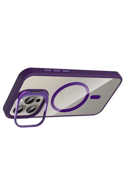 Mey İthalat®   iPhone 15 Pro Max Remim Lensli Magsafe Standlı Kapak - Derin Mor