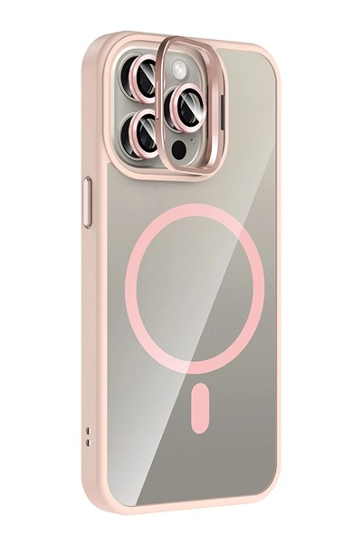 Mey İthalat®   iPhone 15 Pro Max Remim Lensli Magsafe Standlı Kapak - Pembe