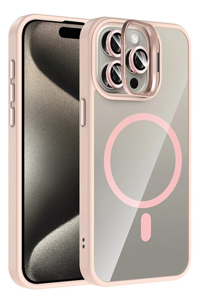 Mey İthalat®   iPhone 15 Pro Max Remim Lensli Magsafe Standlı Kapak - Pembe
