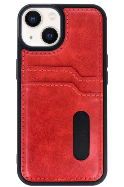 Mey İthalat®   iPhone 15 Sara Kartvizitli Deri Kılıf - Kırmızı