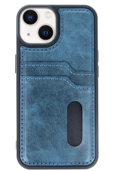 Mey İthalat®   iPhone 15 Sara Kartvizitli Deri Kılıf - Lacivert