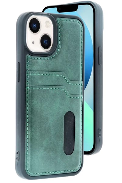 Mey İthalat®   iPhone 15 Sara Kartvizitli Deri Kılıf - Yeşil