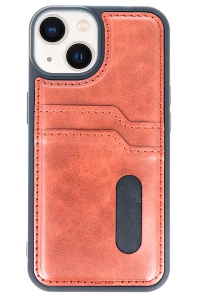 Mey İthalat®   iPhone 15 Sara Kartvizitli Deri Kılıf - Taba