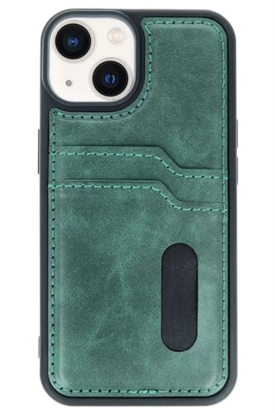 Mey İthalat®   iPhone 15 Sara Kartvizitli Deri Kılıf - Yeşil
