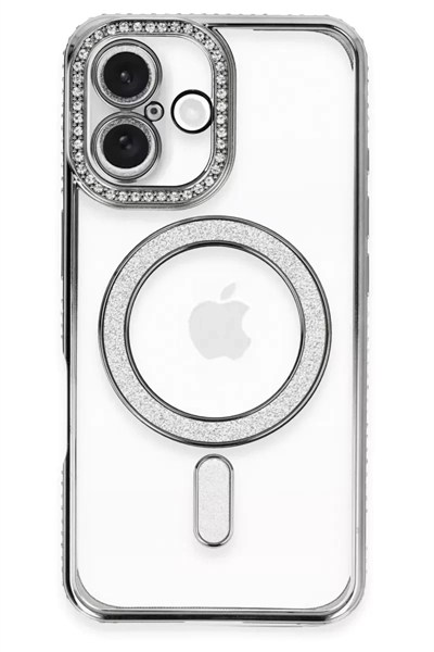 Mey İthalat®   iPhone 16 Kılıf Joke Simli Magneticsafe Kılıf - Gri