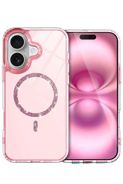 Mey İthalat®   iPhone 16 Plus Live Diamond Magsafe Kapak - Pembe